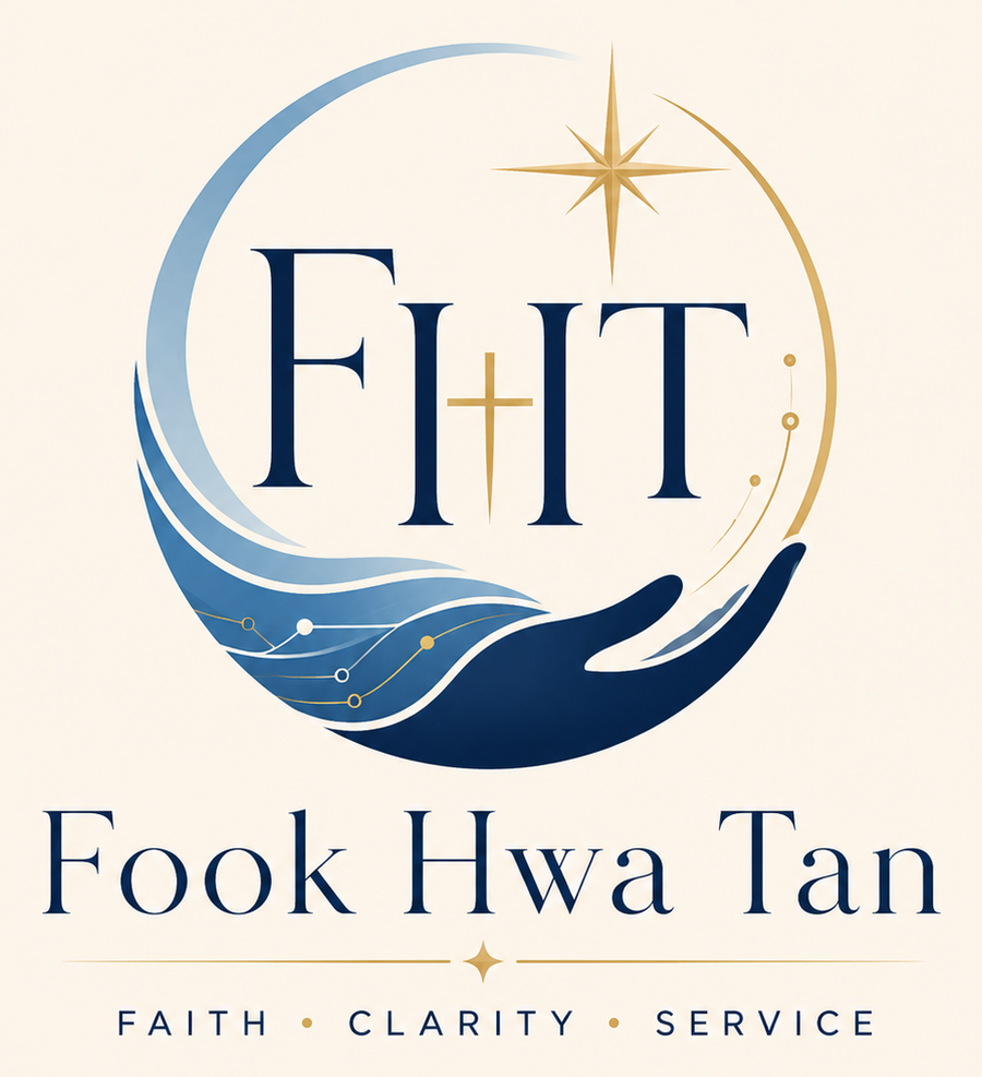 The personal logo of Fook Hwa Tan: an open circle holding the FHT monogram with a quiet cross, a gold north star above, and a hand of flowing waves with digital pathways below. Beneath it: Faith · Clarity · Service.